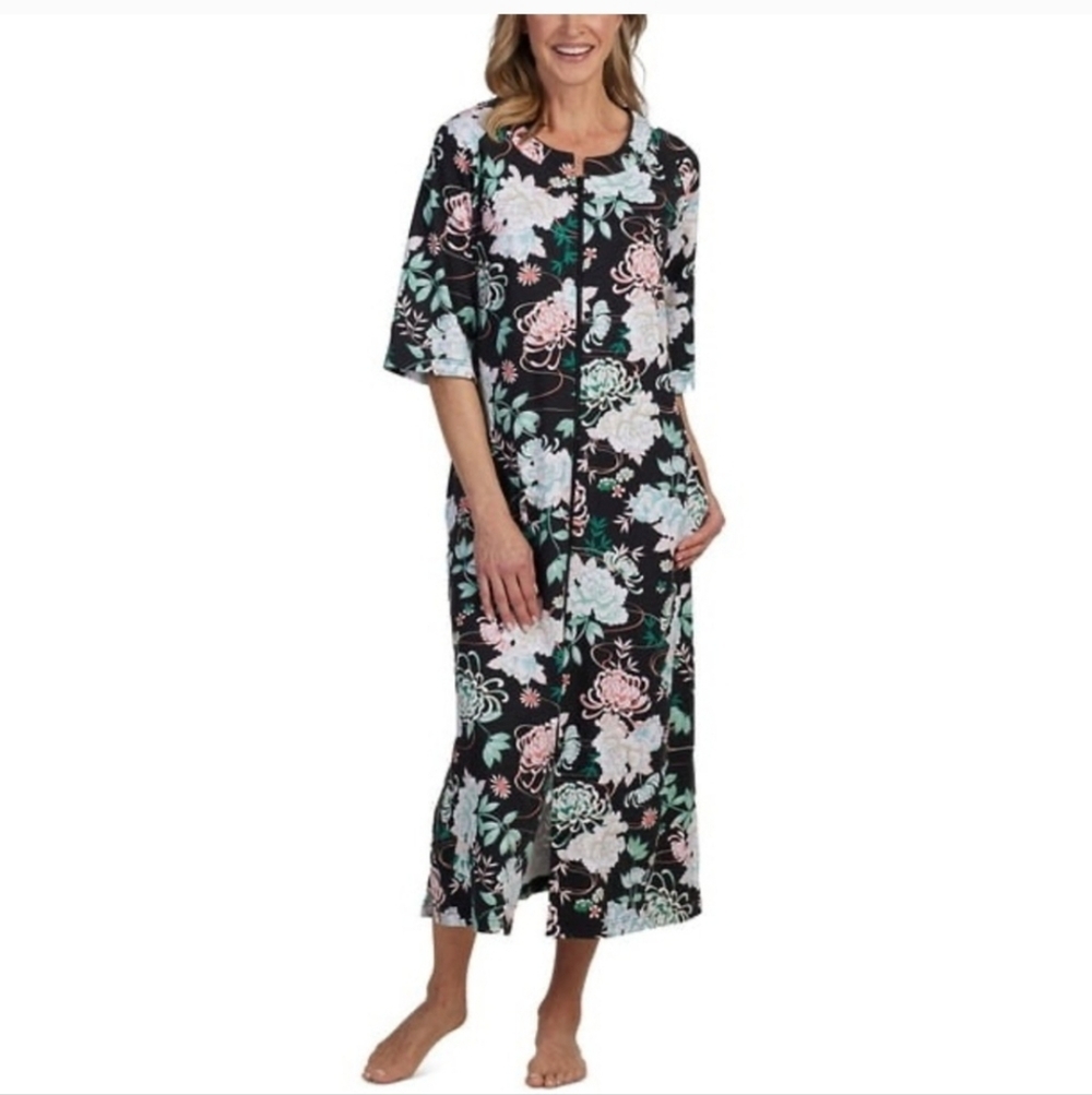 MISS ELAINE bathrobe ZIP FRONT floral print BELOW THE KNEE STYLE new 2 POCKETS